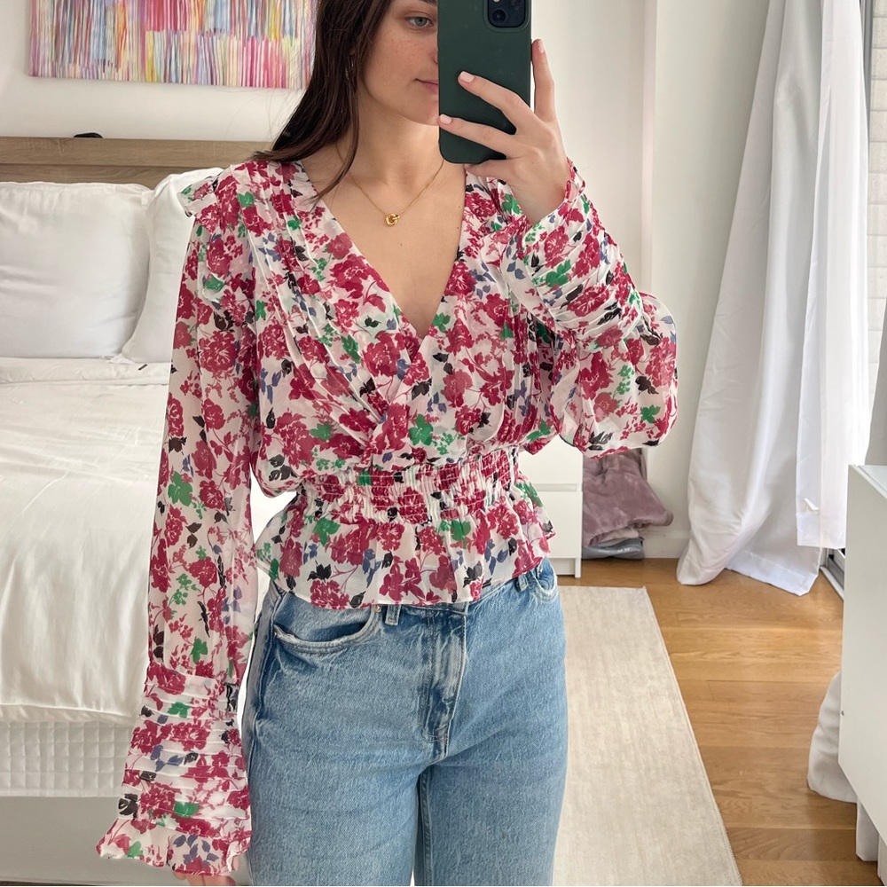 MISA Los Angeles  long sleeve pink flower long sleeve top size XS
